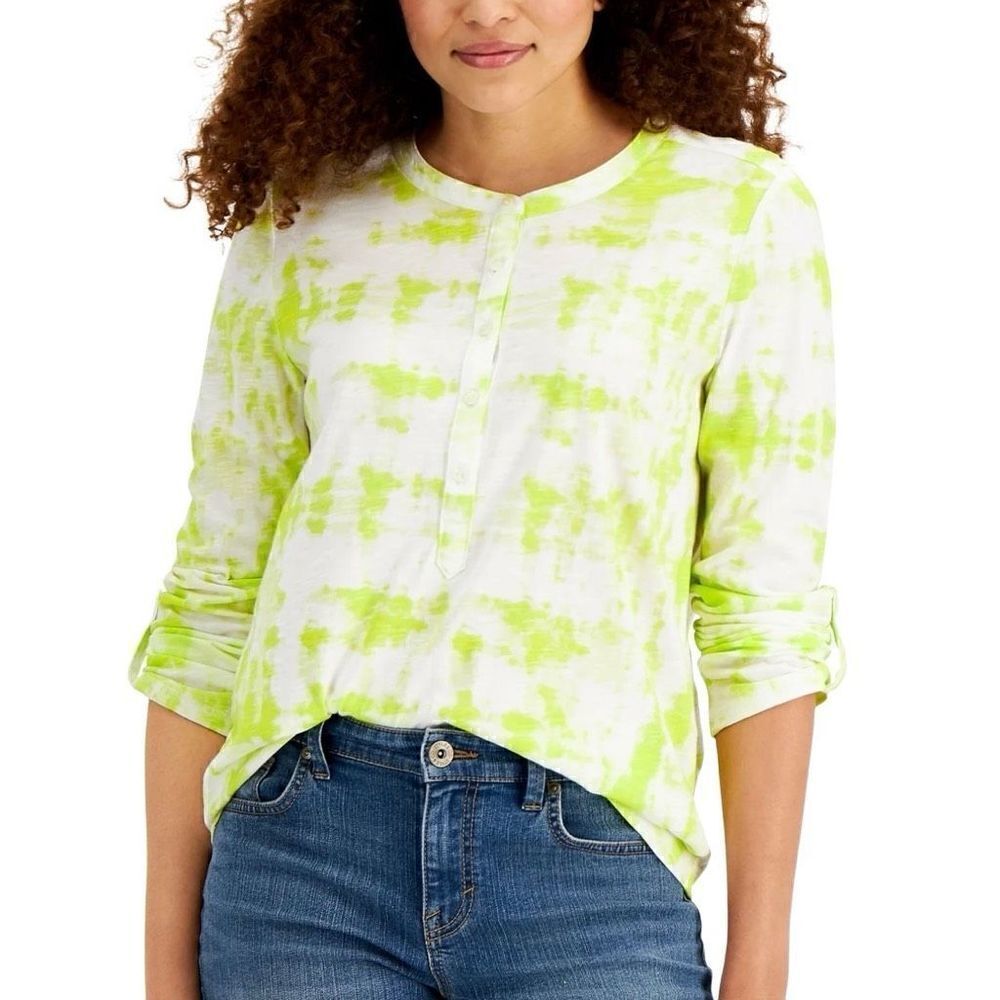 Style & Co Cotton Tie Dye Henley Top Women Small Tropical Yellow NWT